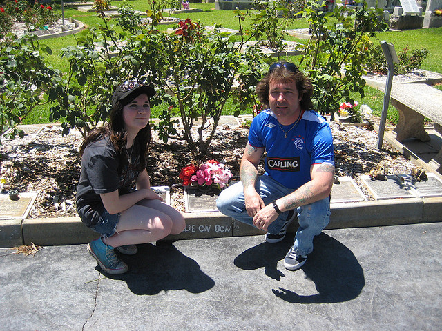 Fans Ashley and Bill travel from Glasgow to pay respects to Bon Scott at the Fremantle Cemetery.